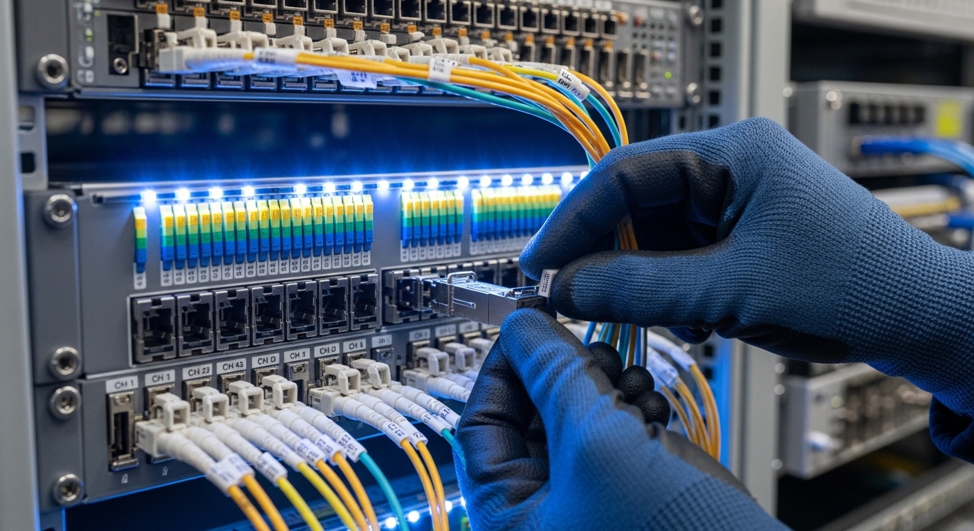 Close-up photography of a 19-inch telecom rack in a carrier equipment room, showing a DWDM chassis with colored fiber patch c