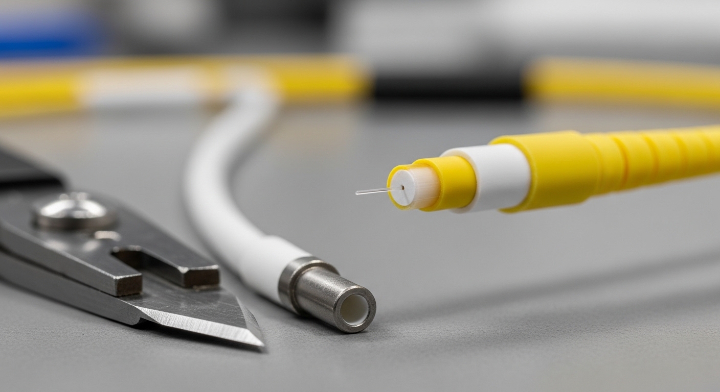 Close-up macro photography of a single-mode fiber cable cross-section on a workbench, showing the yellow OS1/OS2-style jacket
