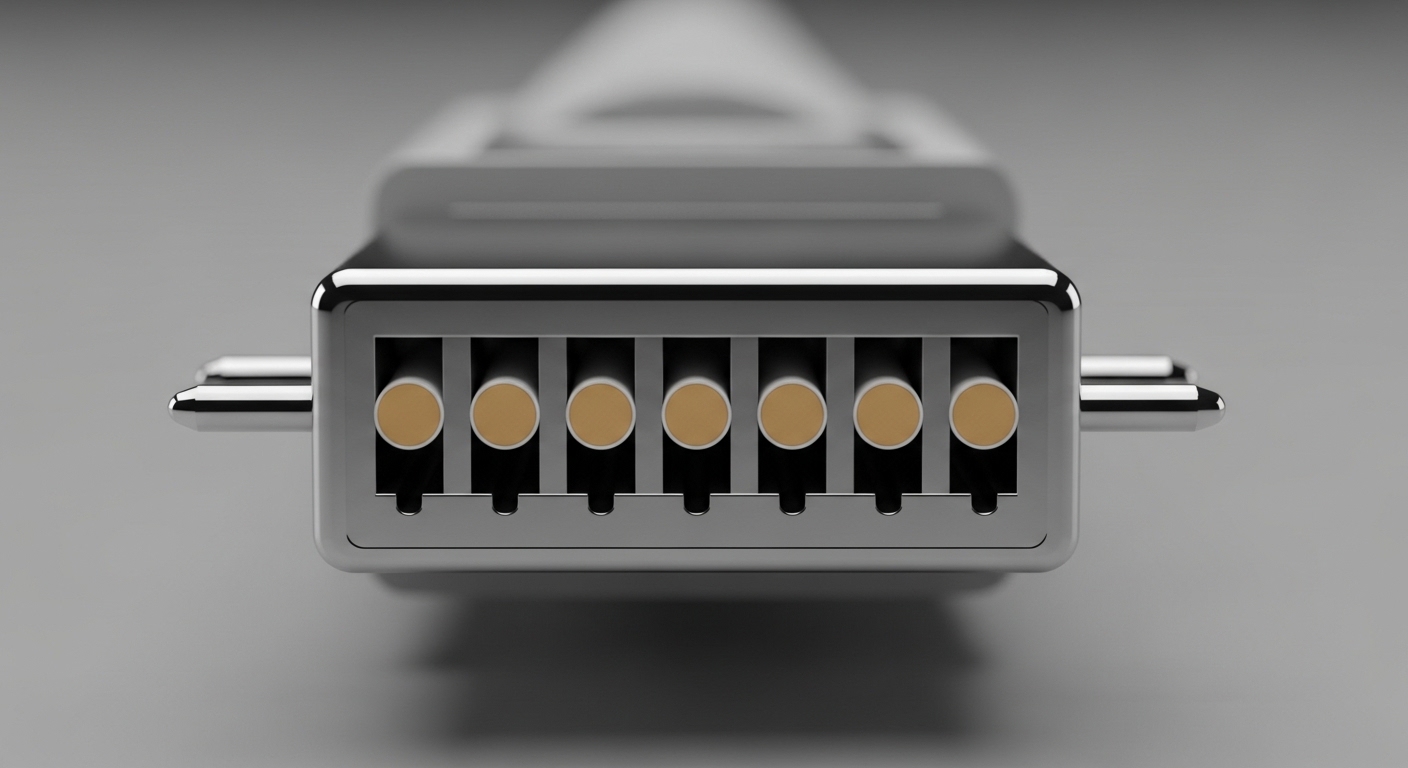 Close-up macro photography of a 12-fiber MPO connector ferrule array on a fiber patch cord, sharp focus on the polished endfa