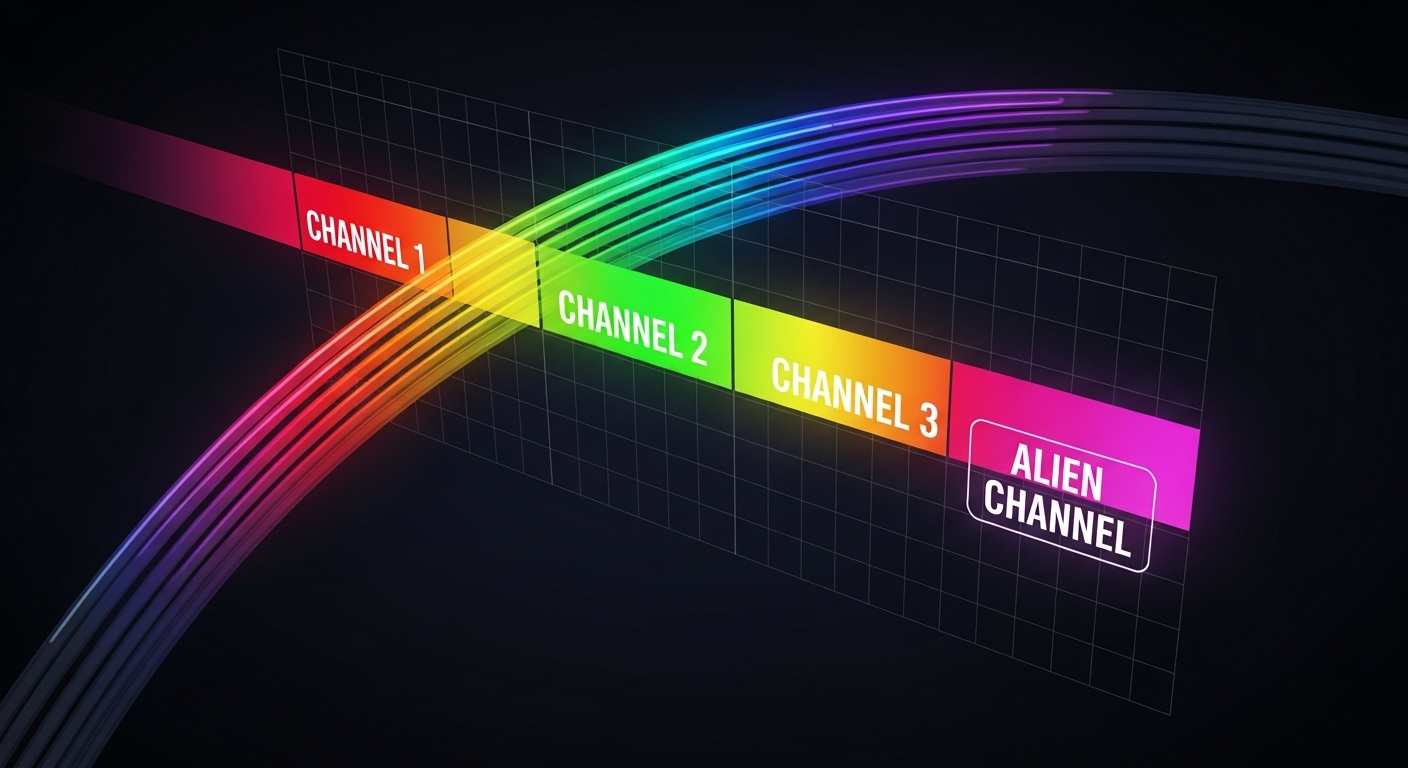 Illustration style concept art showing a fiber path with a spectrum “rainbow” overlay, three labeled wavelength channels, and