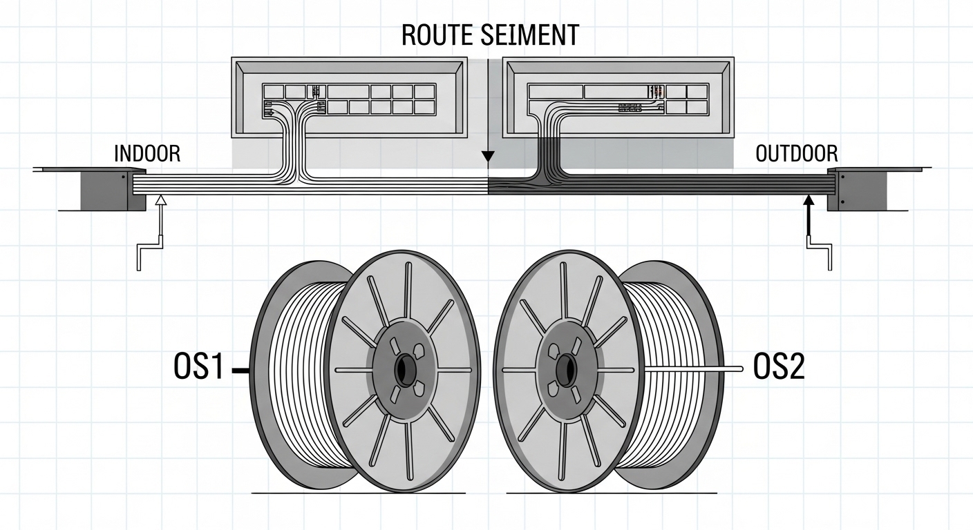 Clean vector illustration comparing two fiber cable reels labeled OS1 and OS2, with a route map overlay showing indoor tray s