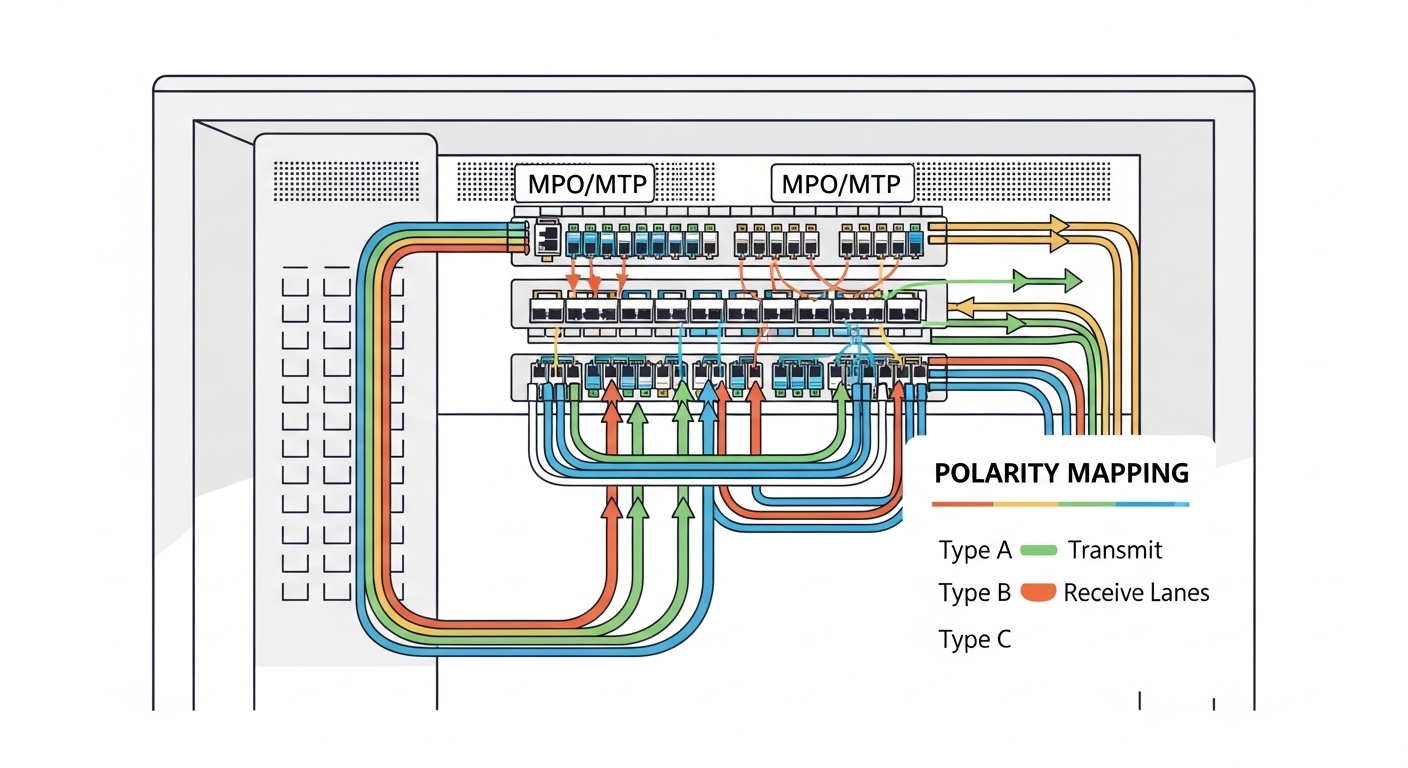 Illustration-style diagram showing a data center rack with a fiber patch panel using MPO/MTP trunks, arrows for polarity mapp