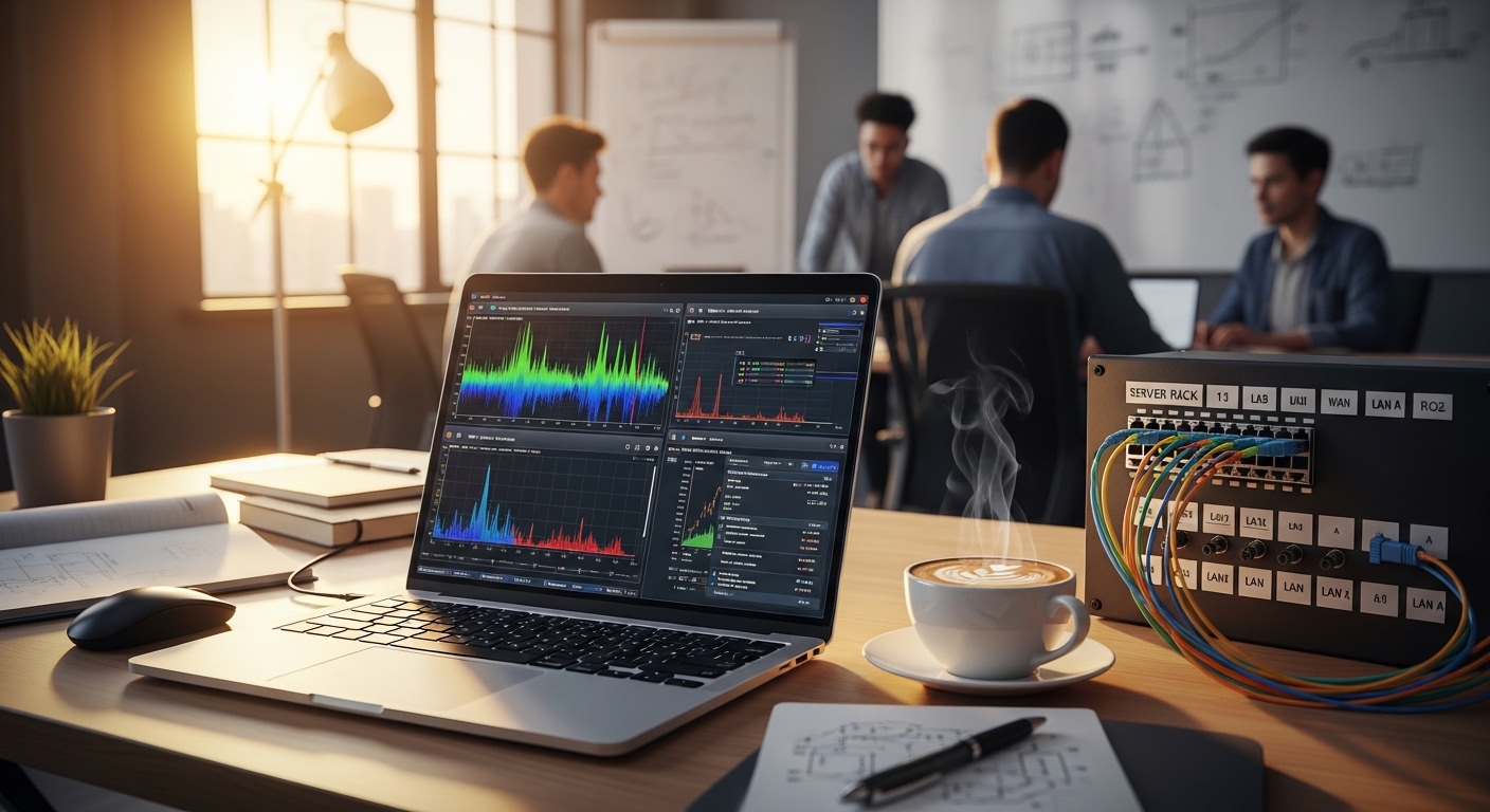 Lifestyle scene in a bright engineering office, showing a laptop with a spectrum analyzer UI and DOM diagnostics graphs, coff