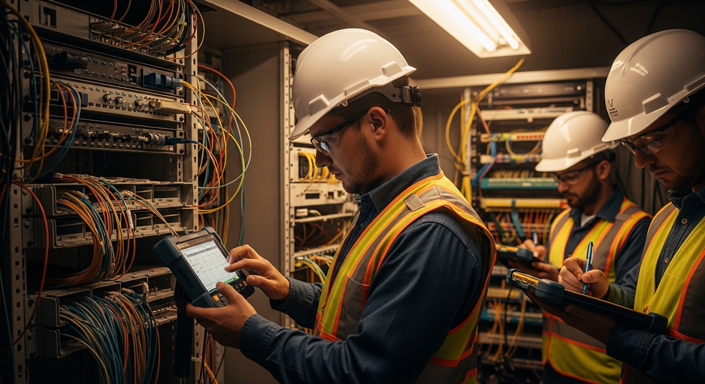 Lifestyle scene in a telecom closet with a field engineer wearing PPE using an OTDR touchscreen while a second technician log