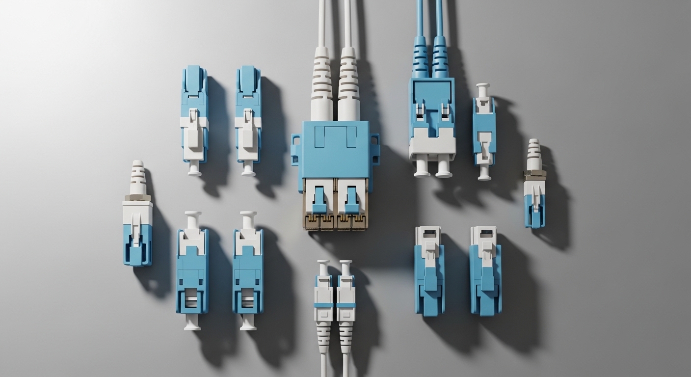 Overhead flat-lay composition of MPO MTP connector, Fiber Optic Connector Types: LC, SC, MPO, MTP, ST, FC for SFP, styled lay