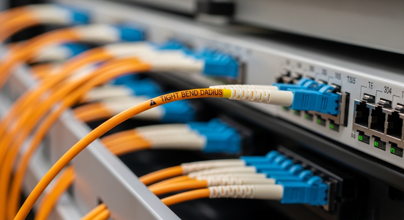 Close-up macro photography of a fiber patch cable exiting a crowded cable tray into a patch panel, with a visible tight bend 
