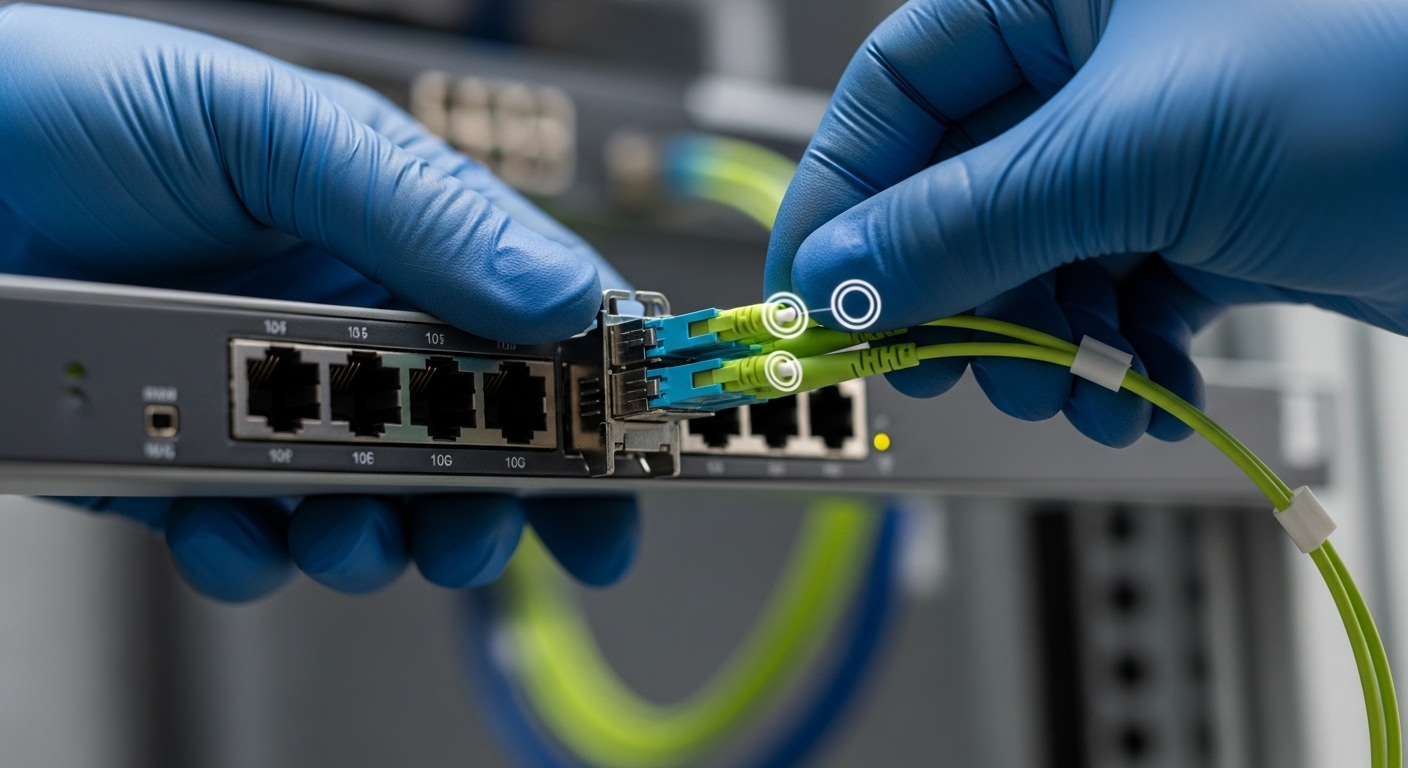 Macro photography of a technician’s gloved hands plugging a pre-terminated fiber trunk cable assembly into an SFP cage on a r