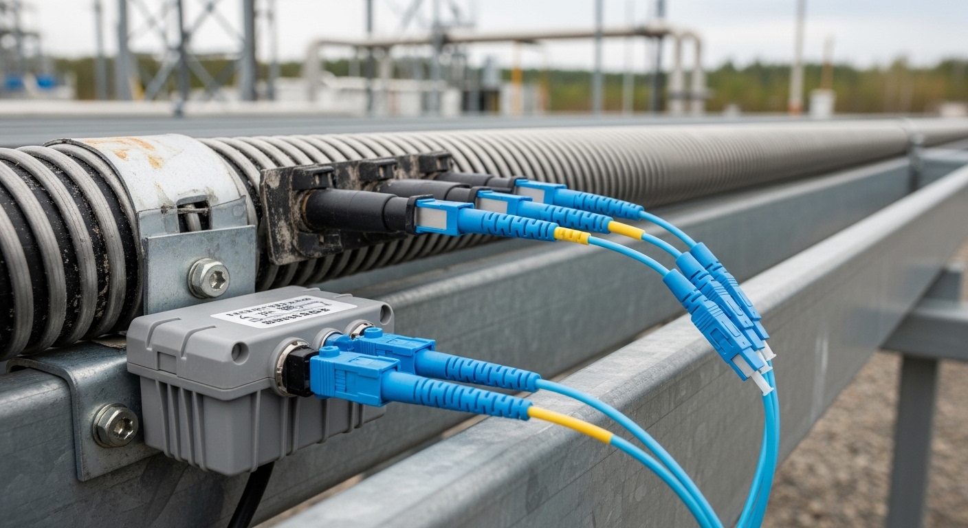 Close-up photography of an armored outdoor fiber cable on a metal cable tray outside an industrial plant, with LC fiber conne