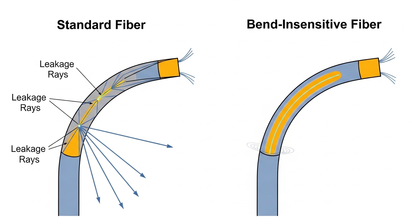 Clean vector illustration comparing optical mode shapes in a standard fiber vs bend insensitive fiber under a tight radius; t