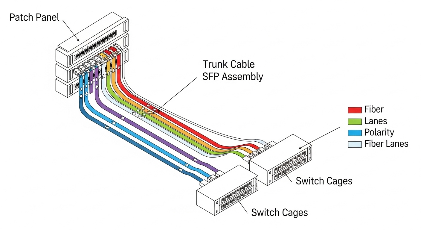 Concept illustration showing a top-down rack layout with color-coded fiber lanes, polarity arrows, and a labeled trunk cable 