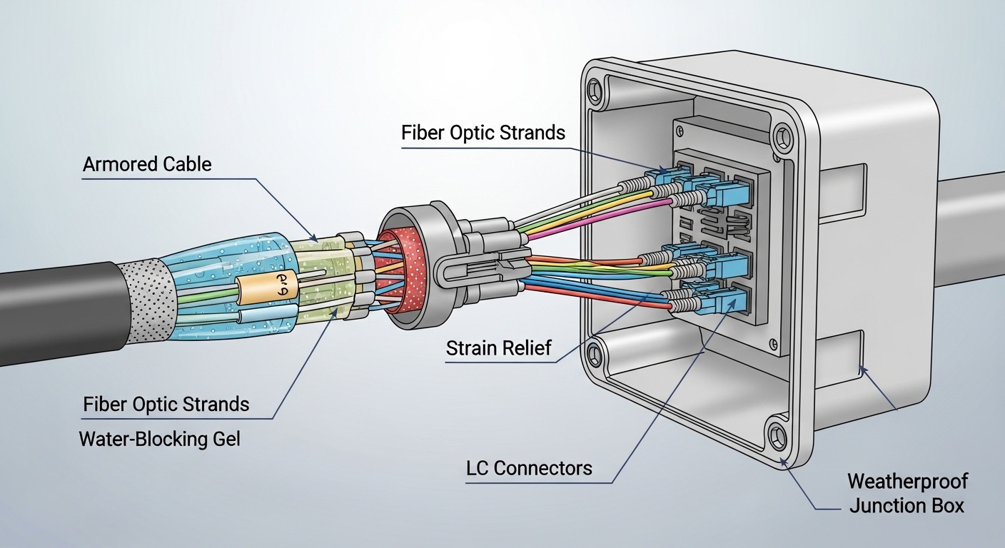 Concept illustration with a cutaway view of an outdoor armored fiber cable entering a weatherproof junction box, showing wate