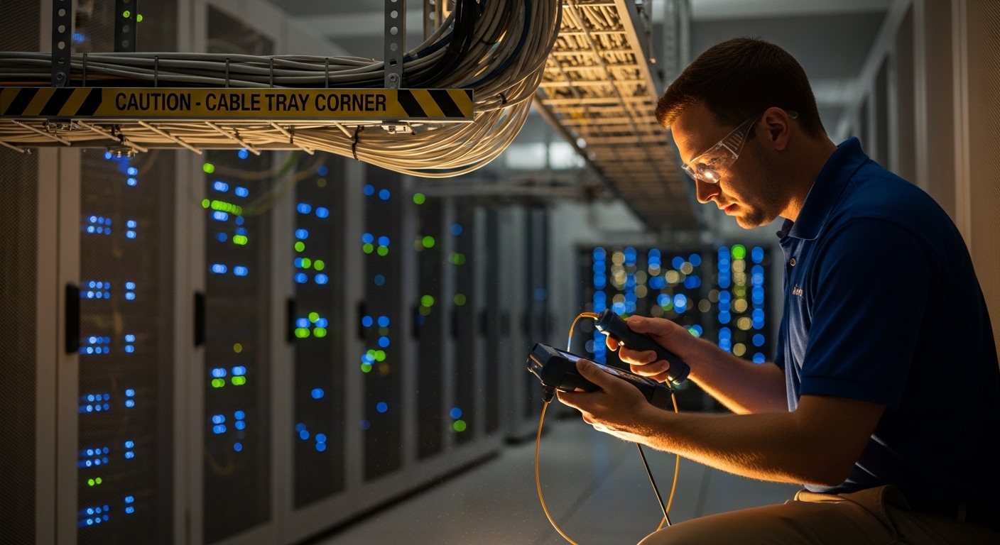 Realistic lifestyle scene inside a server room, showing an engineer in safety glasses using a handheld optical power meter wh