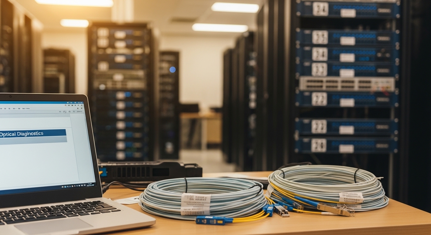 Lifestyle-style photo of a server room cutover day: racks with numbered labels, a laptop displaying switch optical diagnostic