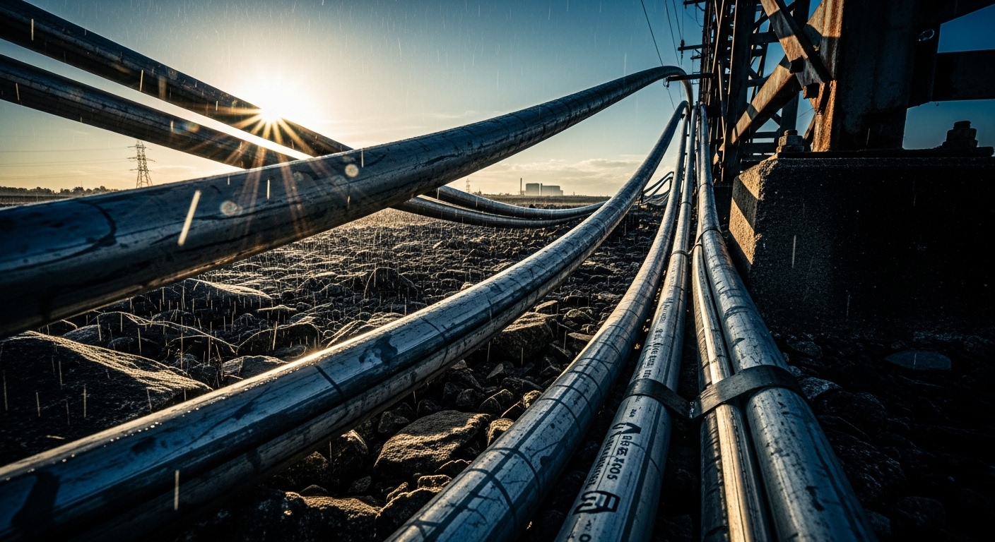 Cinematic editorial photograph of outdoor armored fiber, Armored Fiber Optic Cables for Industrial SFP Deployments, dramatic 