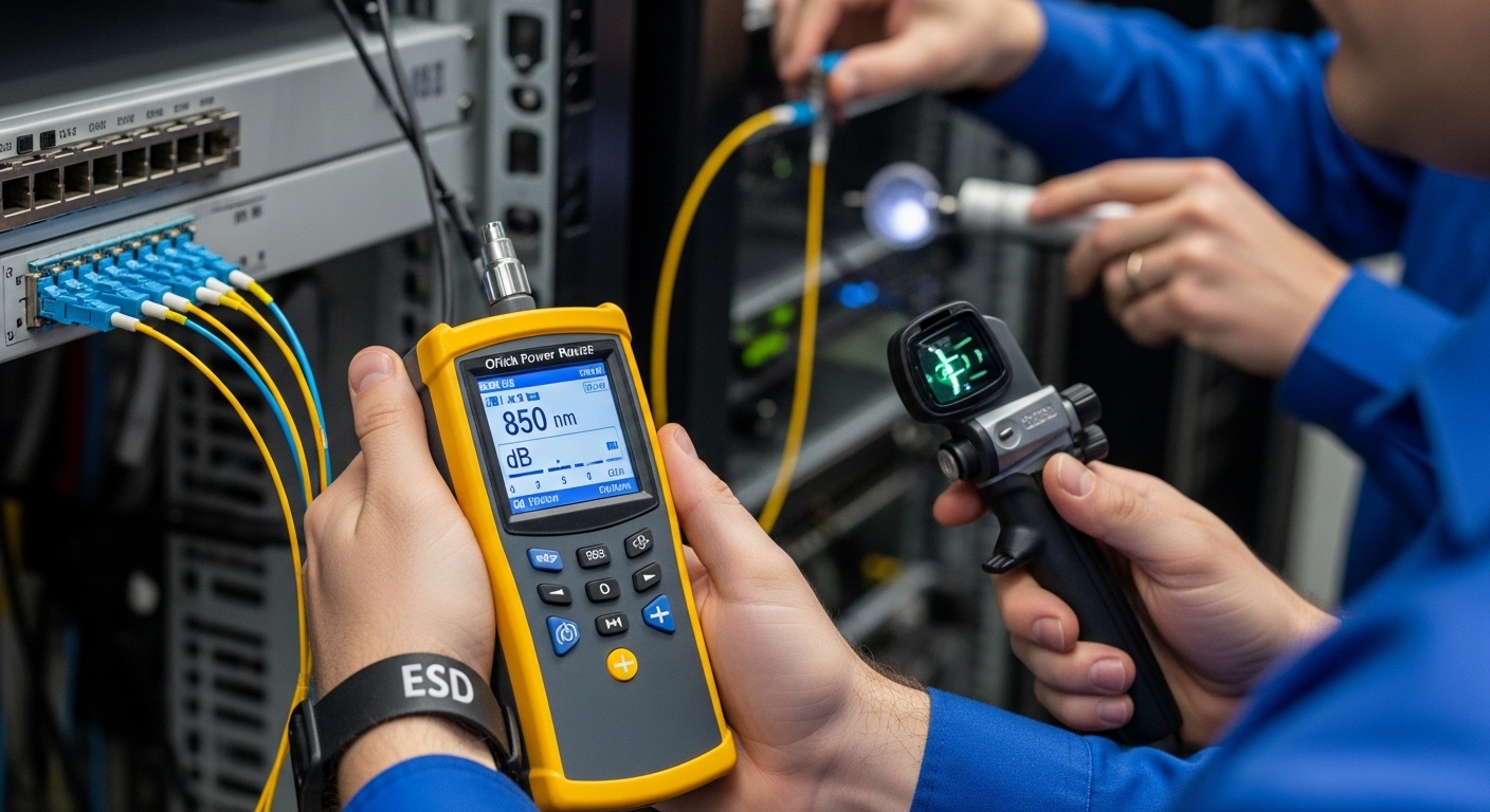 Close-up photography of a field technician in a server room wearing ESD wrist strap, holding an optical power meter with scre