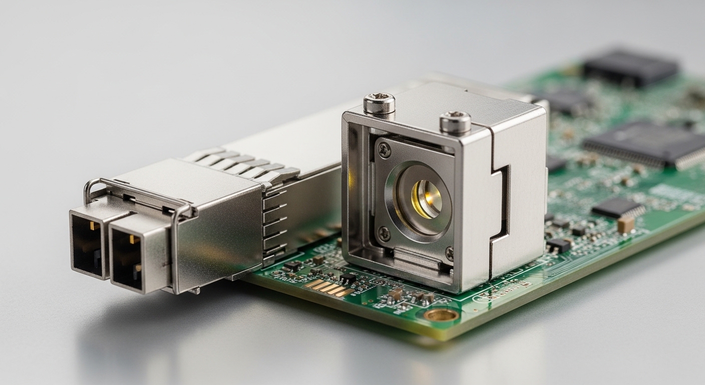 A photorealistic close-up of an OTN transceiver module PCB and optical cage on a clean lab bench, showing LC connector and la
