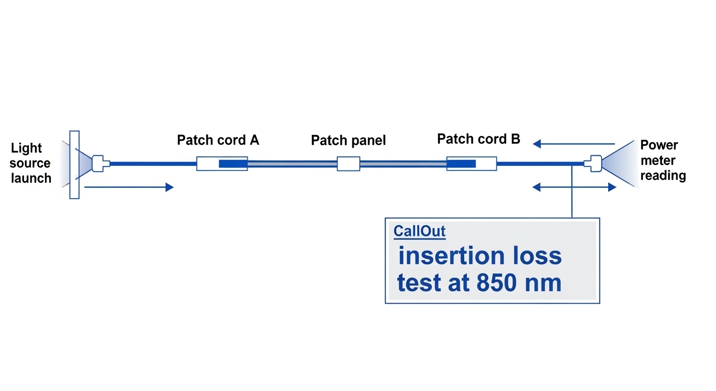 Illustration in a clean technical style showing a fiber link diagram with labeled segments (patch cord A, patch panel, splice