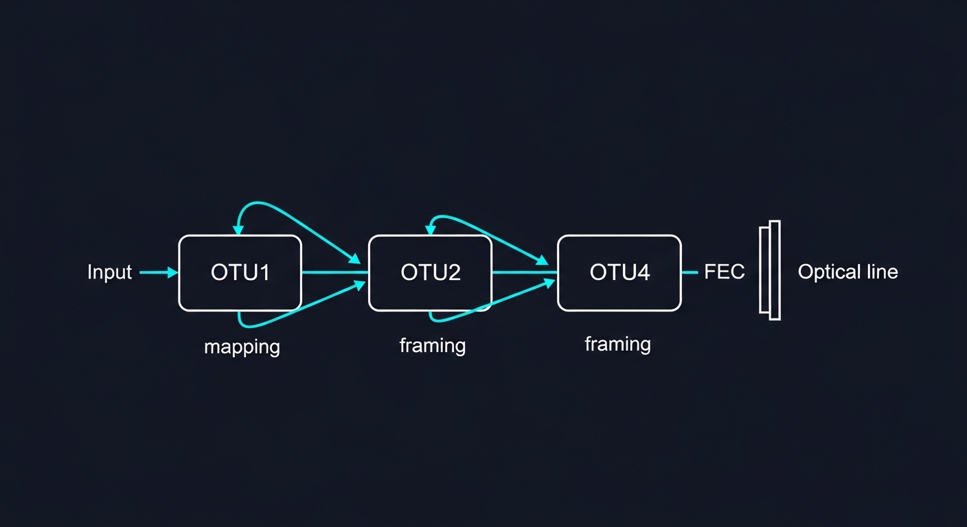 An engineering illustration concept art showing a simplified OTN frame pipeline, with OTU1, OTU2, and OTU4 blocks feeding an 