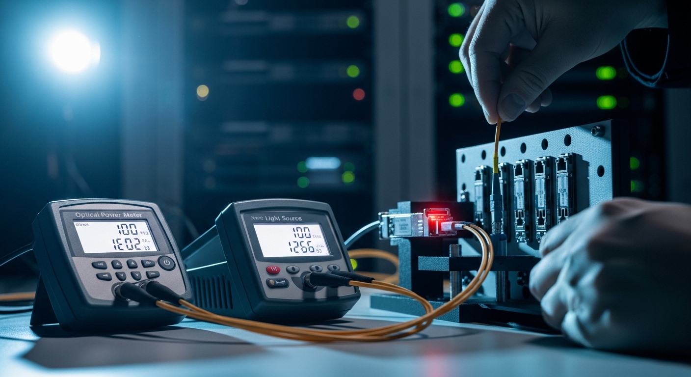Cinematic editorial photograph of insertion loss test, Optical Power Meter and Light Source Testing for SFP Installations, dr