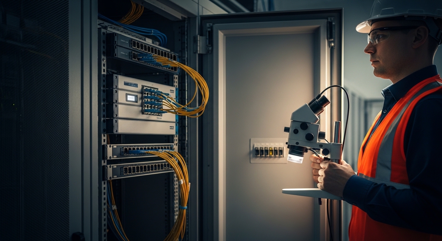 Lifestyle-style scene in a data center aisle at dusk, a field engineer in safety vest holding a fiber inspection microscope n