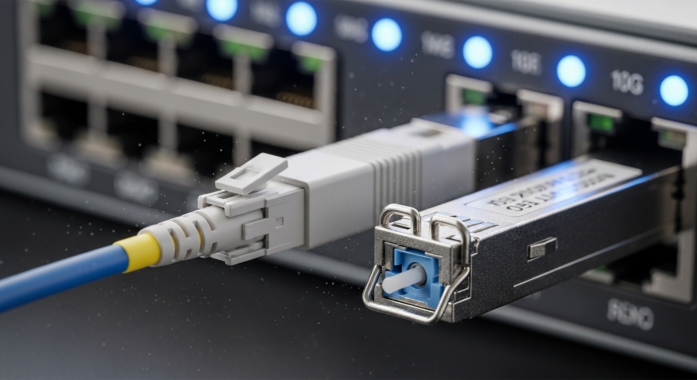 High-resolution macro photography of an LC-LC fiber patch cable plugged into a 10G SFP+ transceiver inside a modern data cent