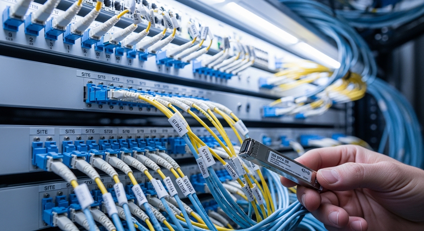 Close-up photography inside a data center fiber patch cabinet, showing LC duplex fiber connectors labeled with site codes, a 