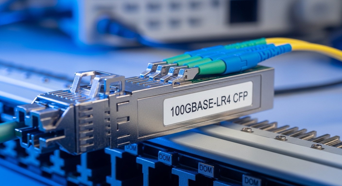 Macro photography of a 100G CFP optical transceiver plugged into a telecom router line-card slot, showing the metal housing l