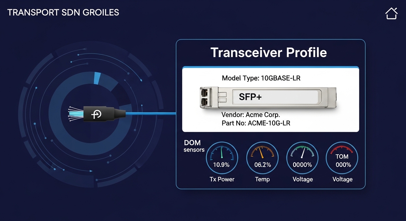 Vector illustration concept art of a transport SDN controller dashboard, with a fiber link icon feeding into a transceiver pr