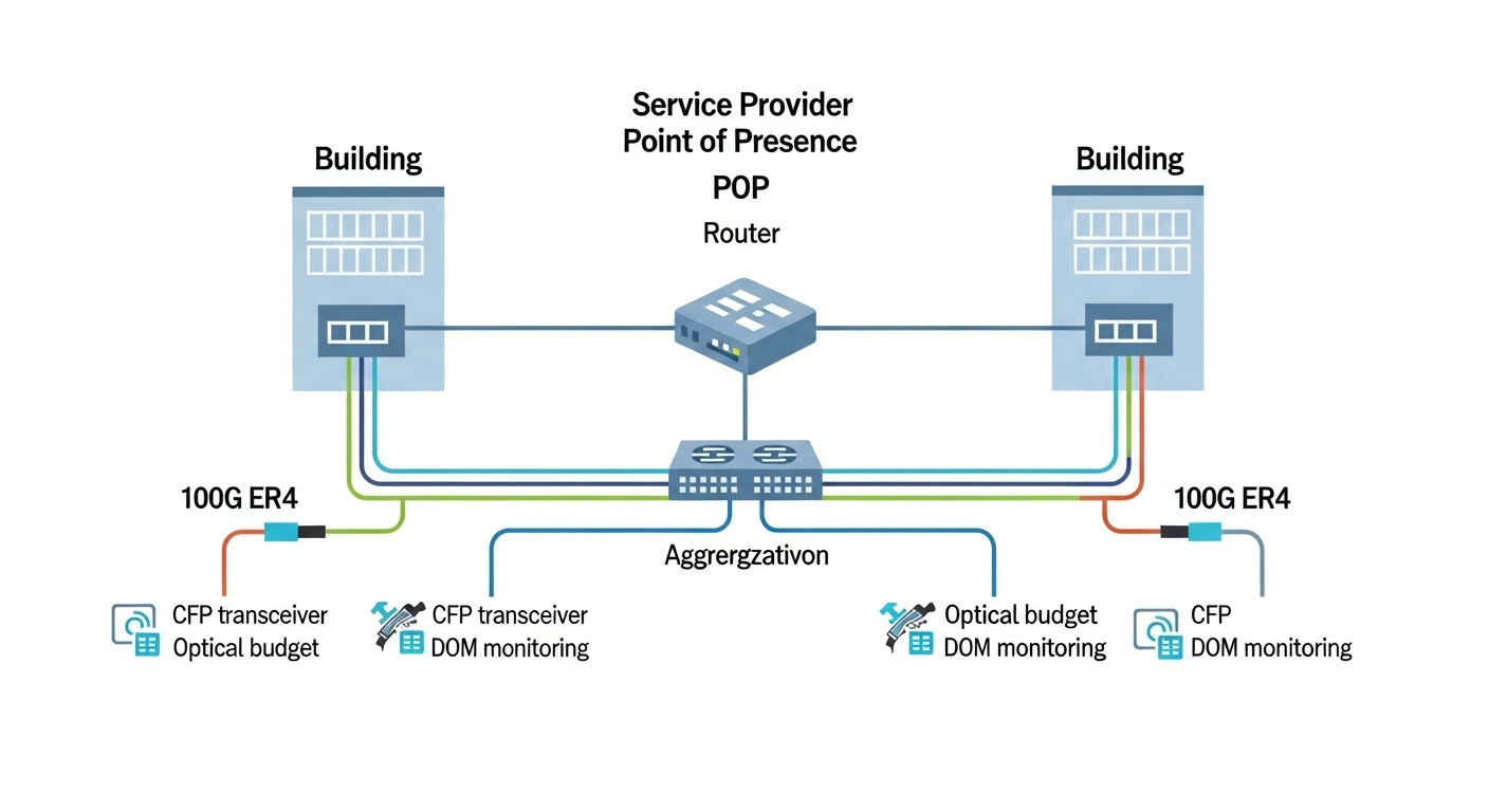 Illustrated network diagram in a clean flat style showing a service provider POP with a router core, aggregation switch, and 