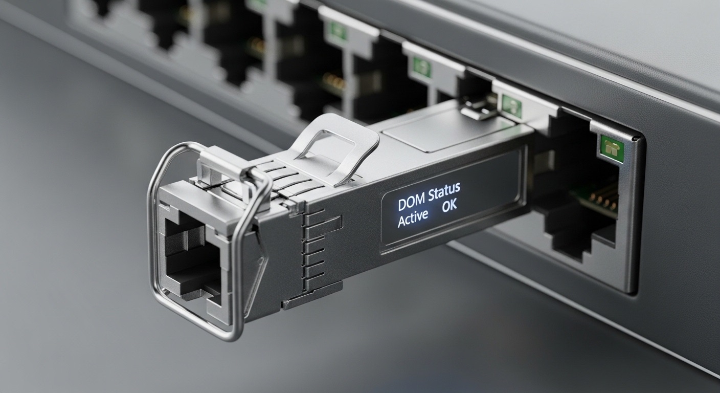 Product-focused studio photography of an SFP+ optical transceiver inserted into a switch port, showing the cage latch and a f