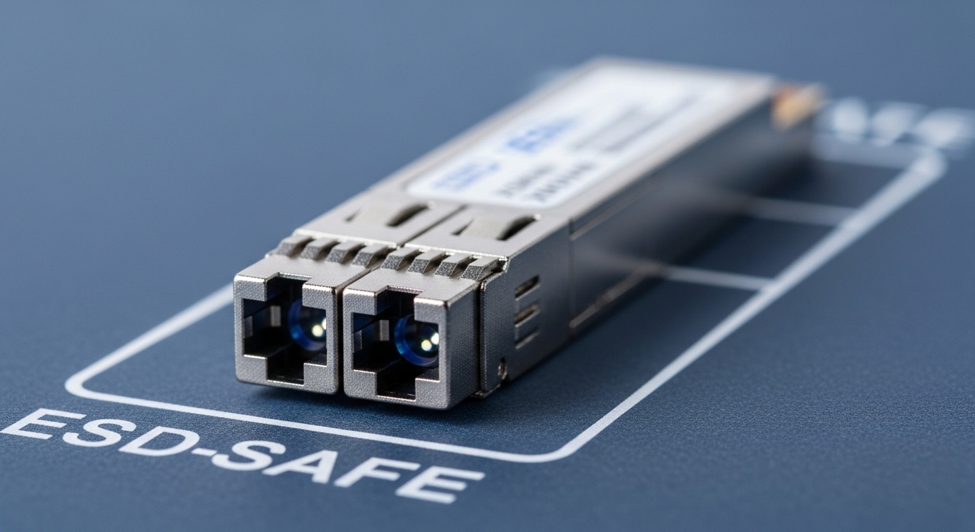 Macro product photography of a single XENPAK fiber optic transceiver module on an ESD-safe mat, connectors facing camera, tin