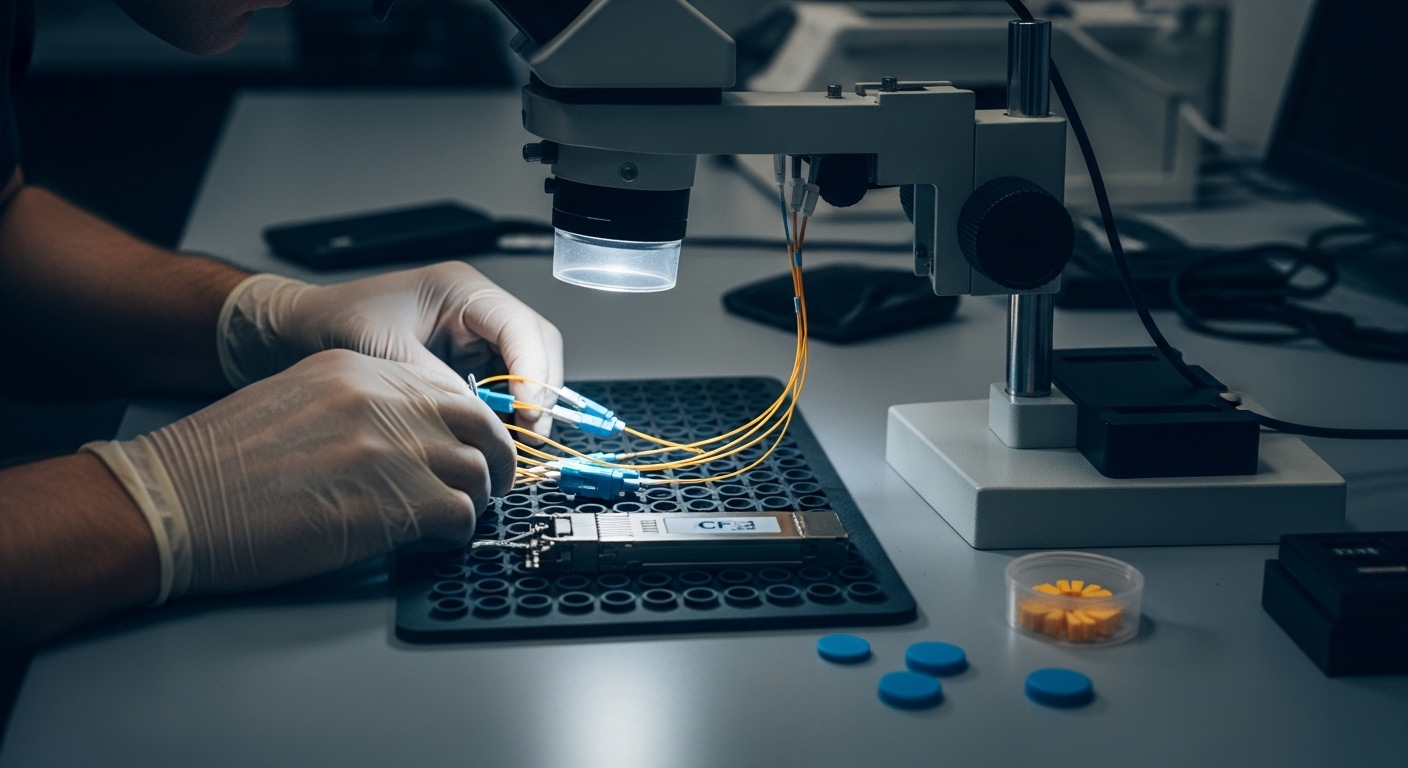 Photo-style troubleshooting scene on a fiber workbench: technician wearing gloves inspecting LC connectors under a handheld m