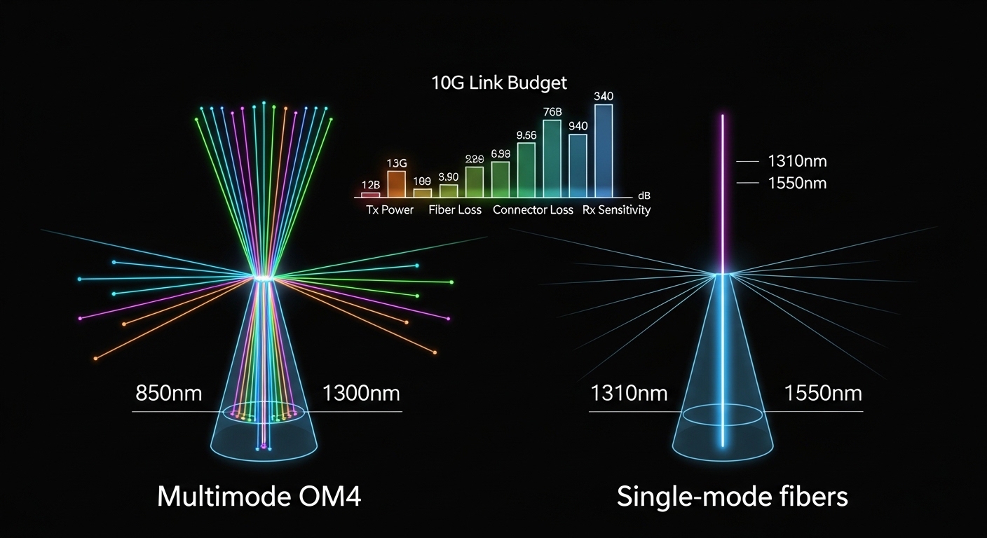 Clean architectural illustration comparing multimode OM4 and single-mode fiber cones with wavelength labels, overlay of a 10G