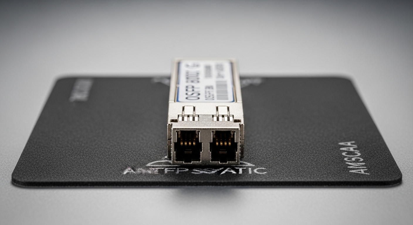 A high-resolution product photography scene of an OSFP 800G transceiver module on an anti-static mat, connector end facing ca