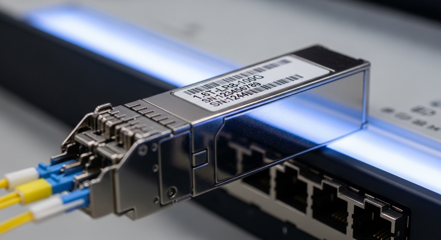 Photorealistic close-up of a 1.6T pluggable optical transceiver inserted into a high-density data center switch port, showing