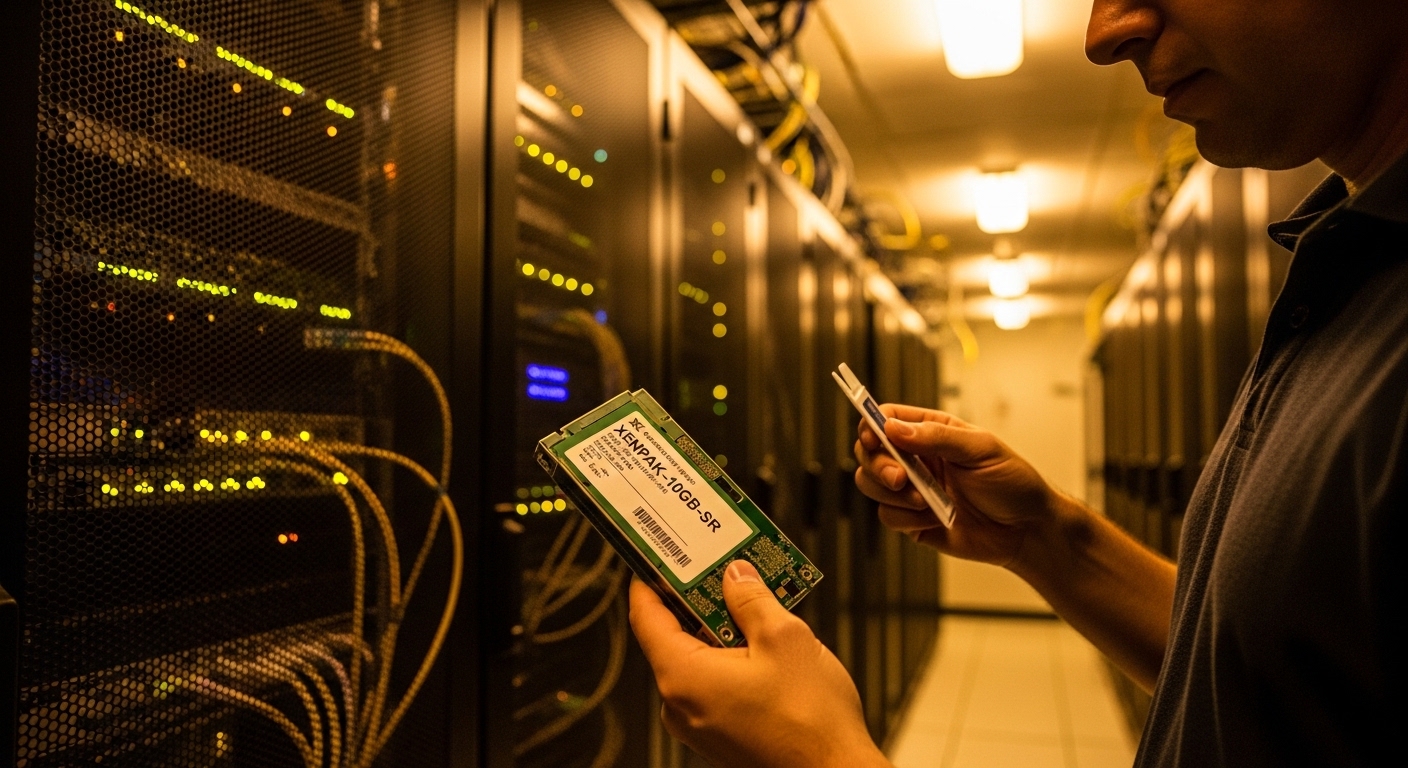Documentary lifestyle scene inside a server room, technician holding a labeled XENPAK module in one hand and a fiber cleaning