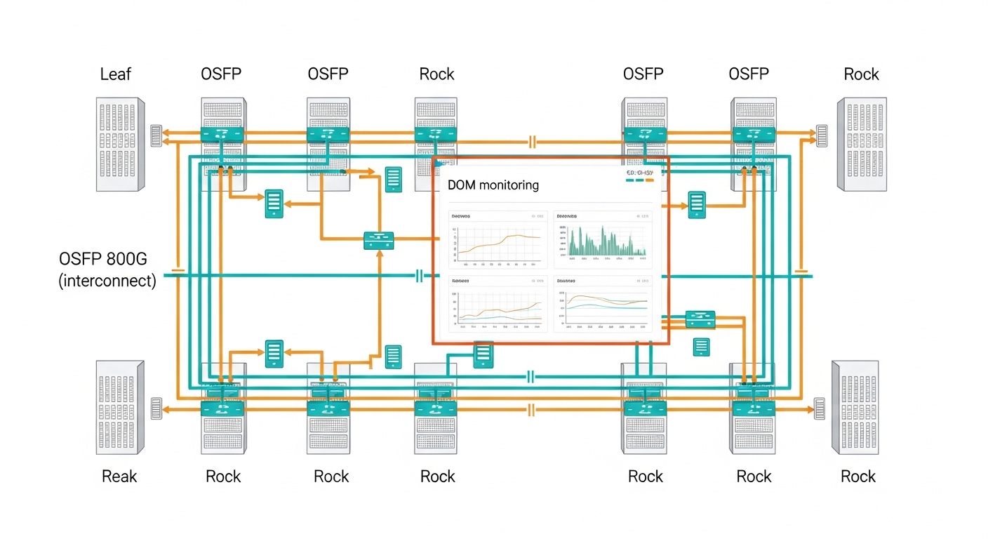 Illustrated network floorplan diagram showing a leaf-spine topology with labeled racks, OSFP 800G links, fiber routes through