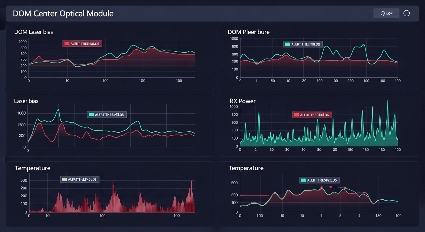 Vector-style infographic showing a data center telemetry dashboard with DOM graphs (laser bias, RX power, temperature) and al
