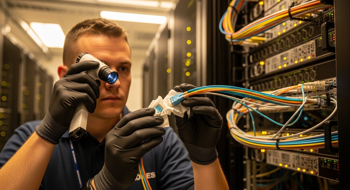 High-detail lifestyle scene inside a server room showing a field technician cleaning MPO/MTP fiber endfaces with an inspectio