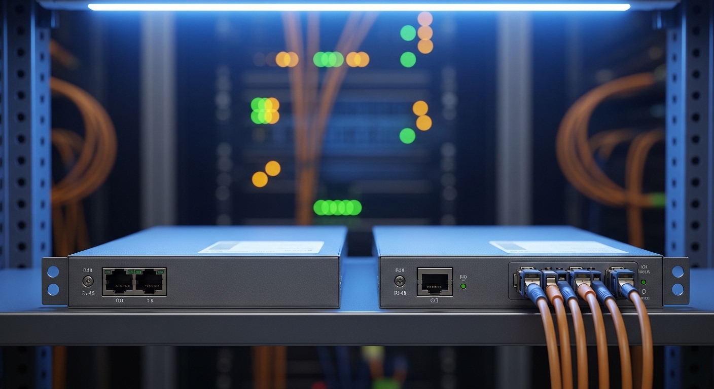 Ultra-realistic product photo in a server room, showing two matching 5GBASE-T to fiber media converter units with RJ-45 ports