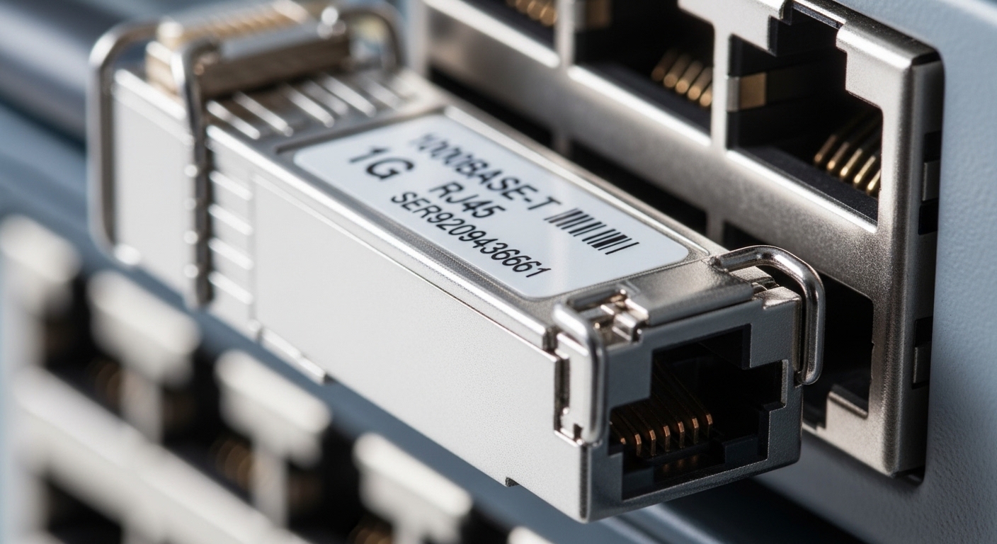 Macro photography of an RJ45 SFP copper transceiver plugged into a 1G Ethernet switch port, showing the metal cage, RJ45-styl
