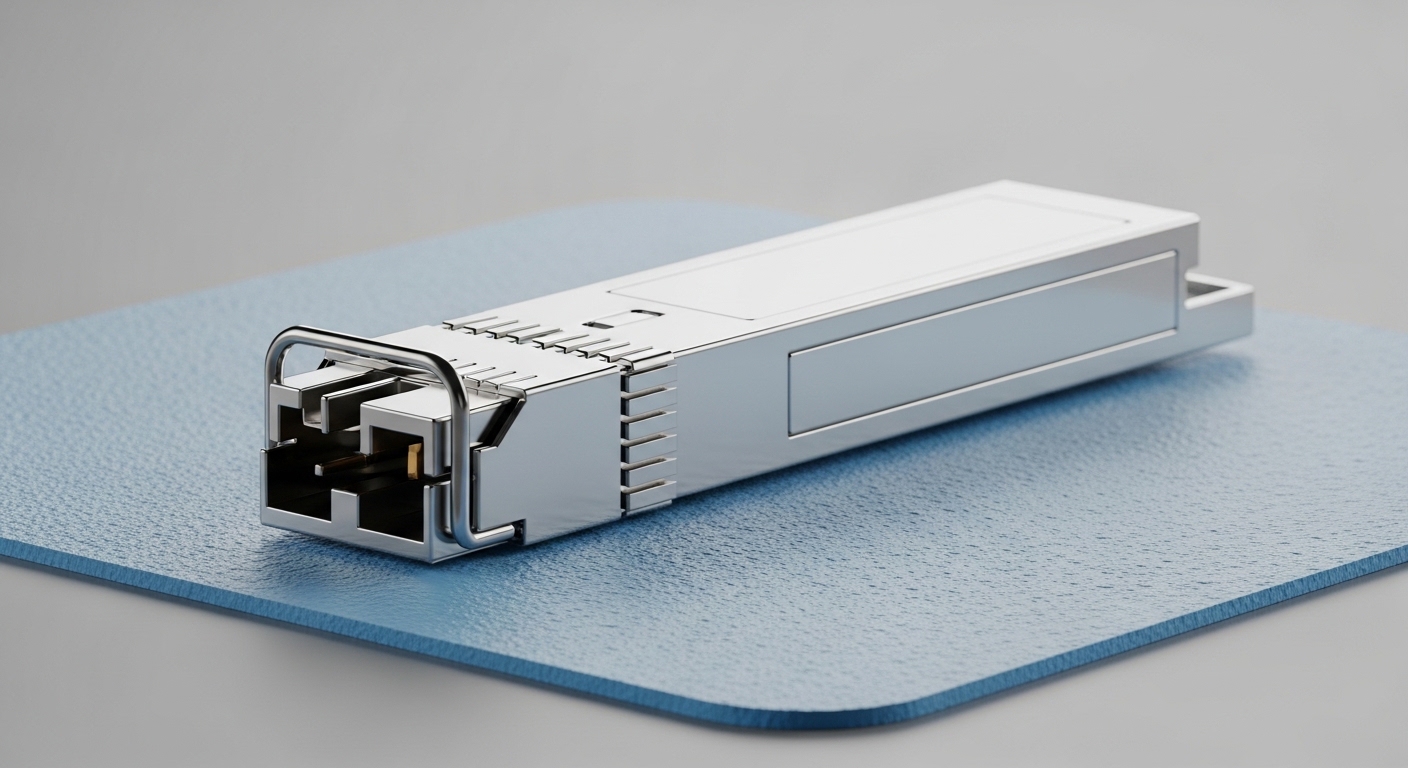 A high-resolution studio photography scene of a QSFP-DD800 transceiver on an anti-static mat, shot at a 30-degree angle with 