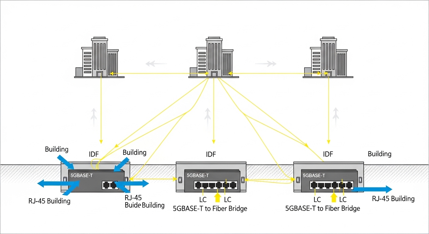 Clean technical illustration style, split-screen diagram of a campus network: three building icons connected by single-mode f