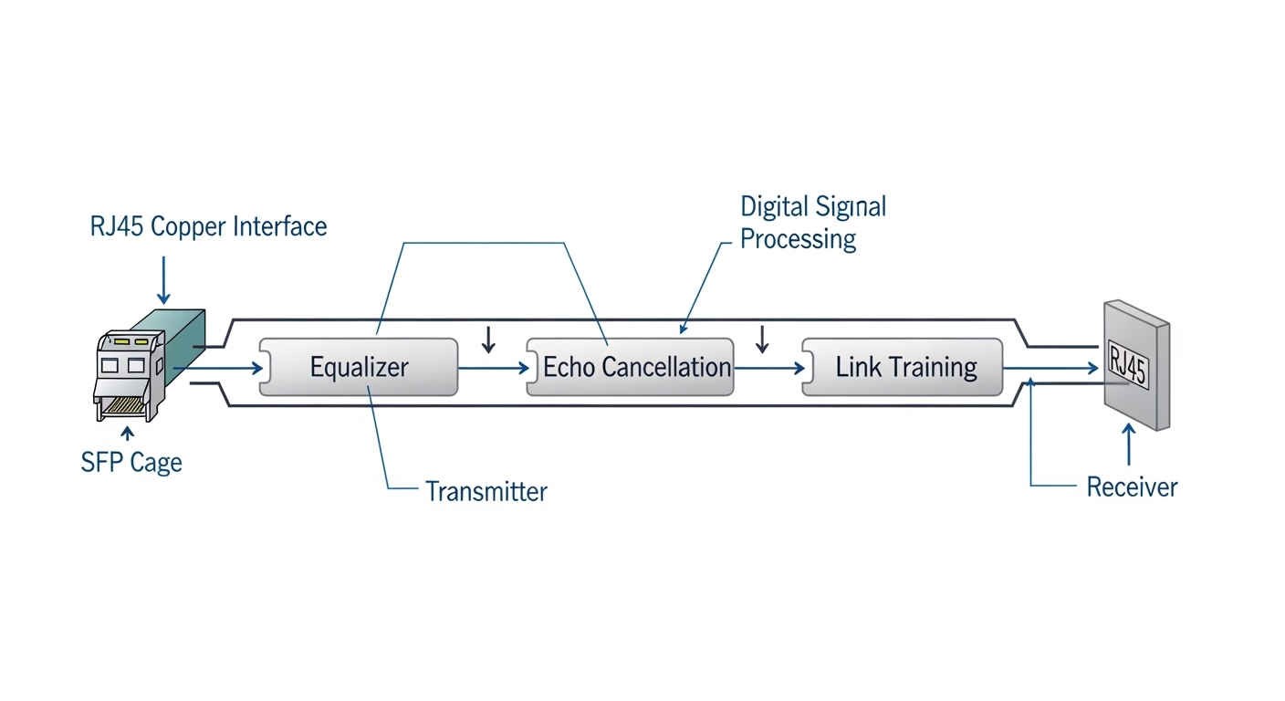Diagram-style illustration showing signal flow from a switch SFP cage to the RJ45 copper interface, with labeled blocks for e