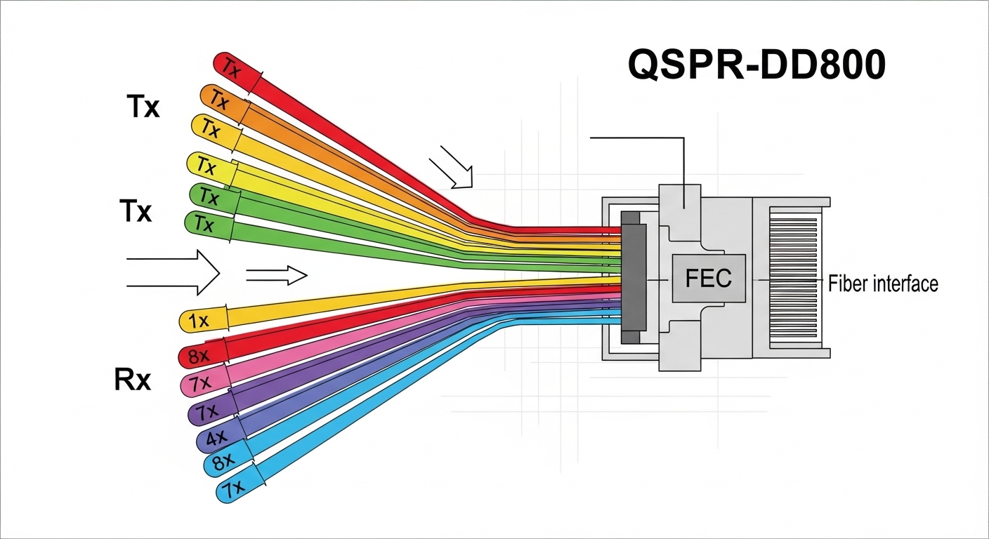 An infographic illustration showing an 8-lane lane diagram inside a QSFP-DD800 module, with eight colored signal paths enteri