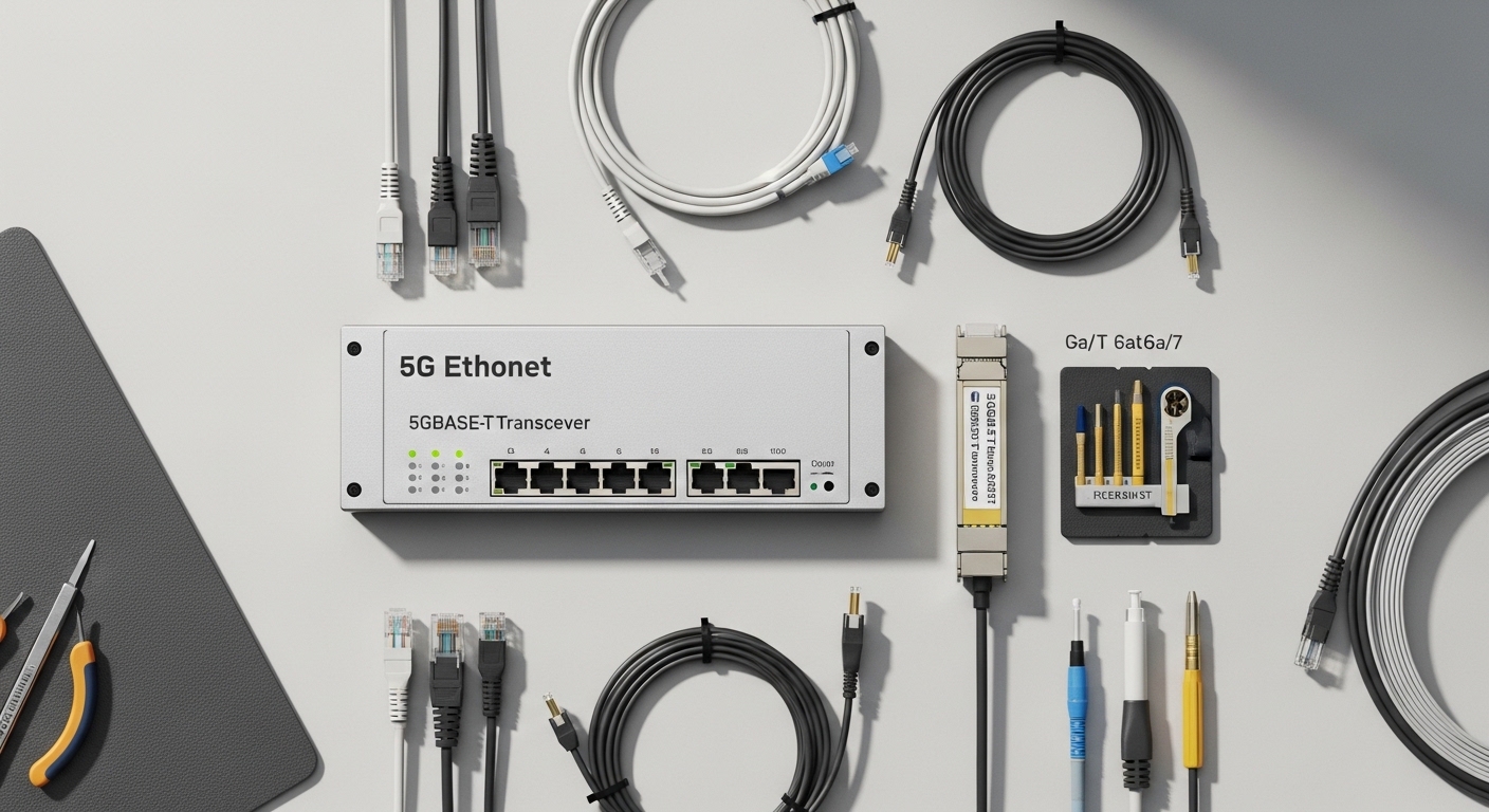 Overhead flat-lay composition of 5G ethernet transceiver, 5GBASE-T Fiber Transceiver for Multi-Gig Campus Upgrades, styled la
