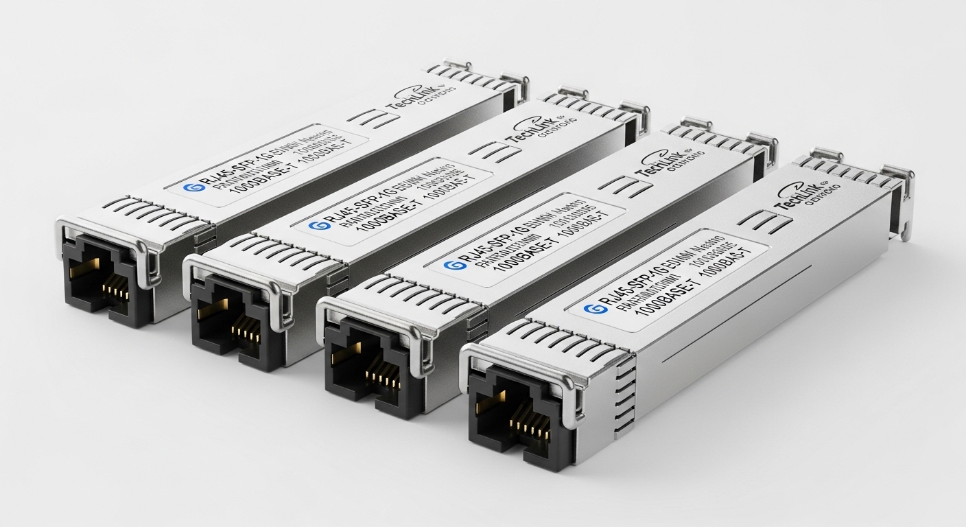 Professional product photography of RJ45 SFP, 1G Copper SFP Transceivers: RJ45 Modules for Switch Uplinks, clean background, 