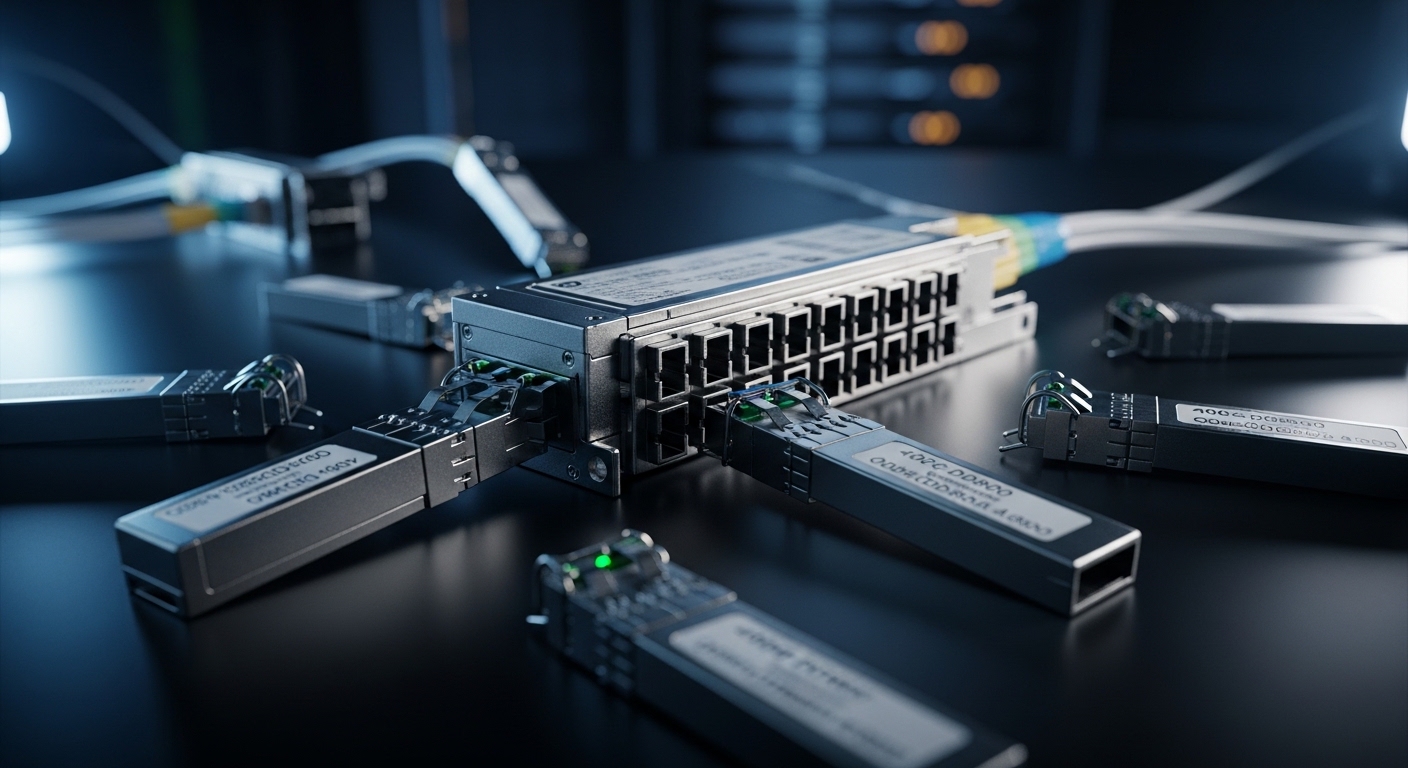 Cinematic editorial photograph of 400GbE fiber module, 400G QSFP-DD800 Transceivers: 400G Performance with 8-Lane Technology,