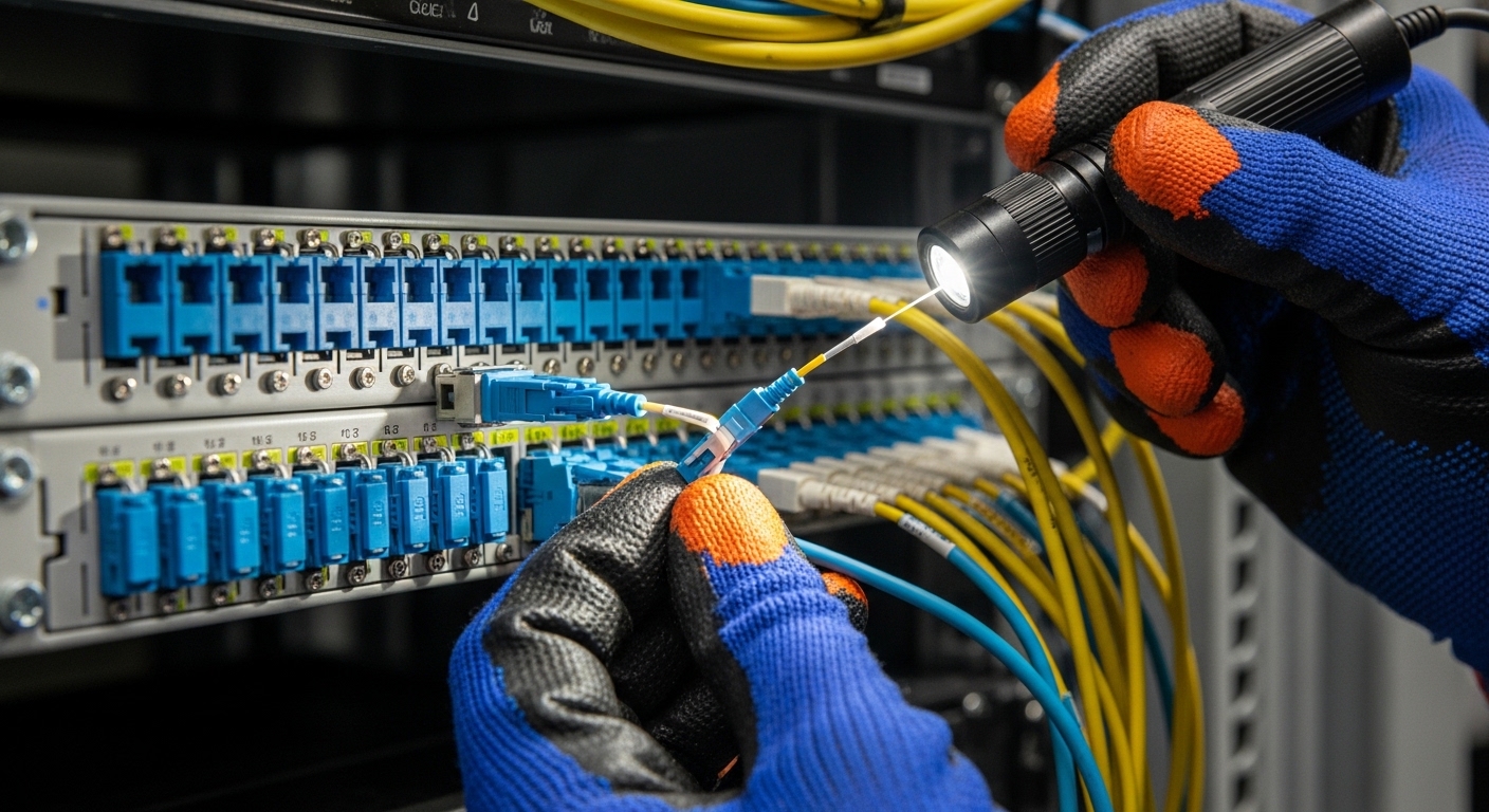 Close-up photography of a fiber optic patch panel in a server rack, with a technician wearing ESD-safe gloves inspecting a bl