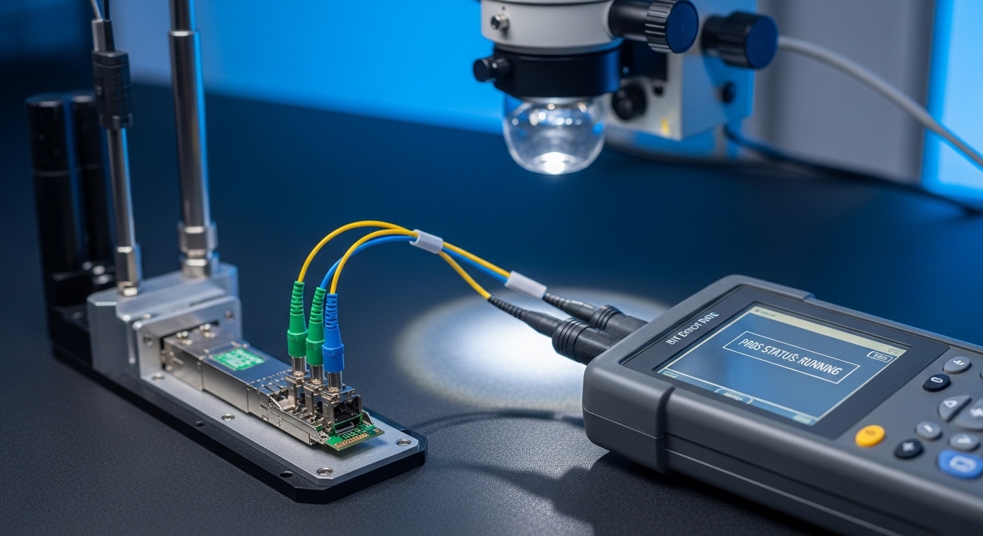 Macro photography of a BER testing setup on a fiber bench: a handheld optical test instrument connected to a QSFP28 transceiv